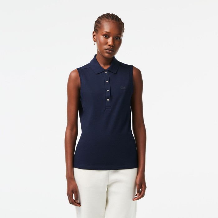 Εικόνα της Γυναικεία Αμάνικη Cotton Piqué Polo Μπλούζα Slim Fit