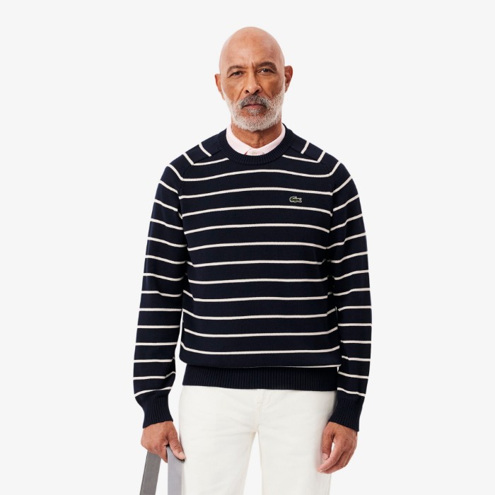 Εικόνα της Ανδρικό Ριγέ 3D Knit Cotton Crew Neck Πουλόβερ