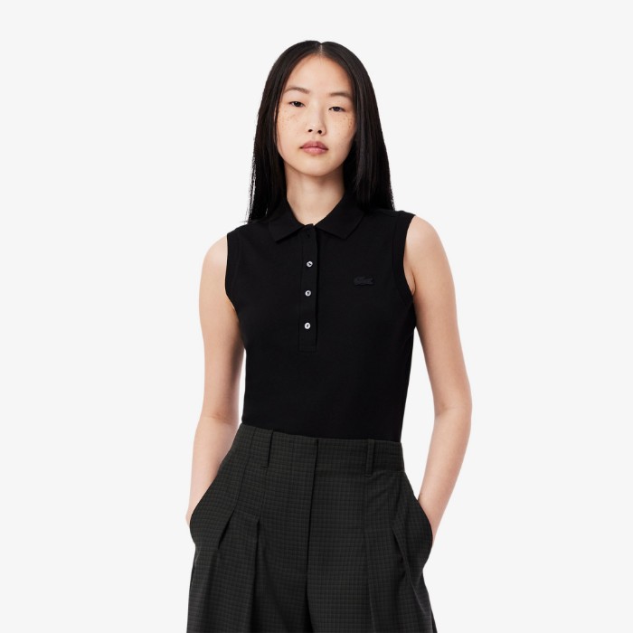 Εικόνα της Γυναικεία Αμάνικη Cotton Piqué Polo Μπλούζα Slim Fit