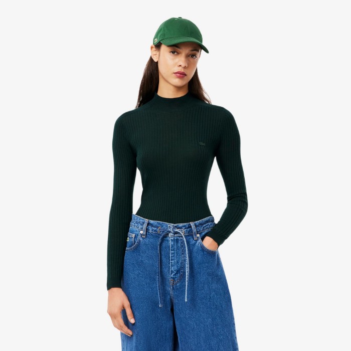 Εικόνα της Γυναικείο High Neck Ribbed Knit Merino Wool Πουλόβερ
