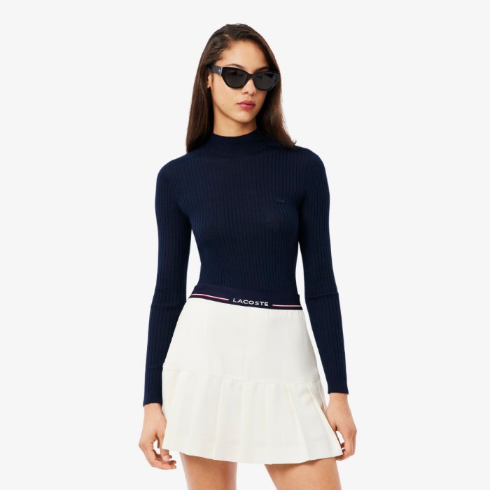 Εικόνα της Γυναικείο High Neck Ribbed Knit Merino Wool Πουλόβερ