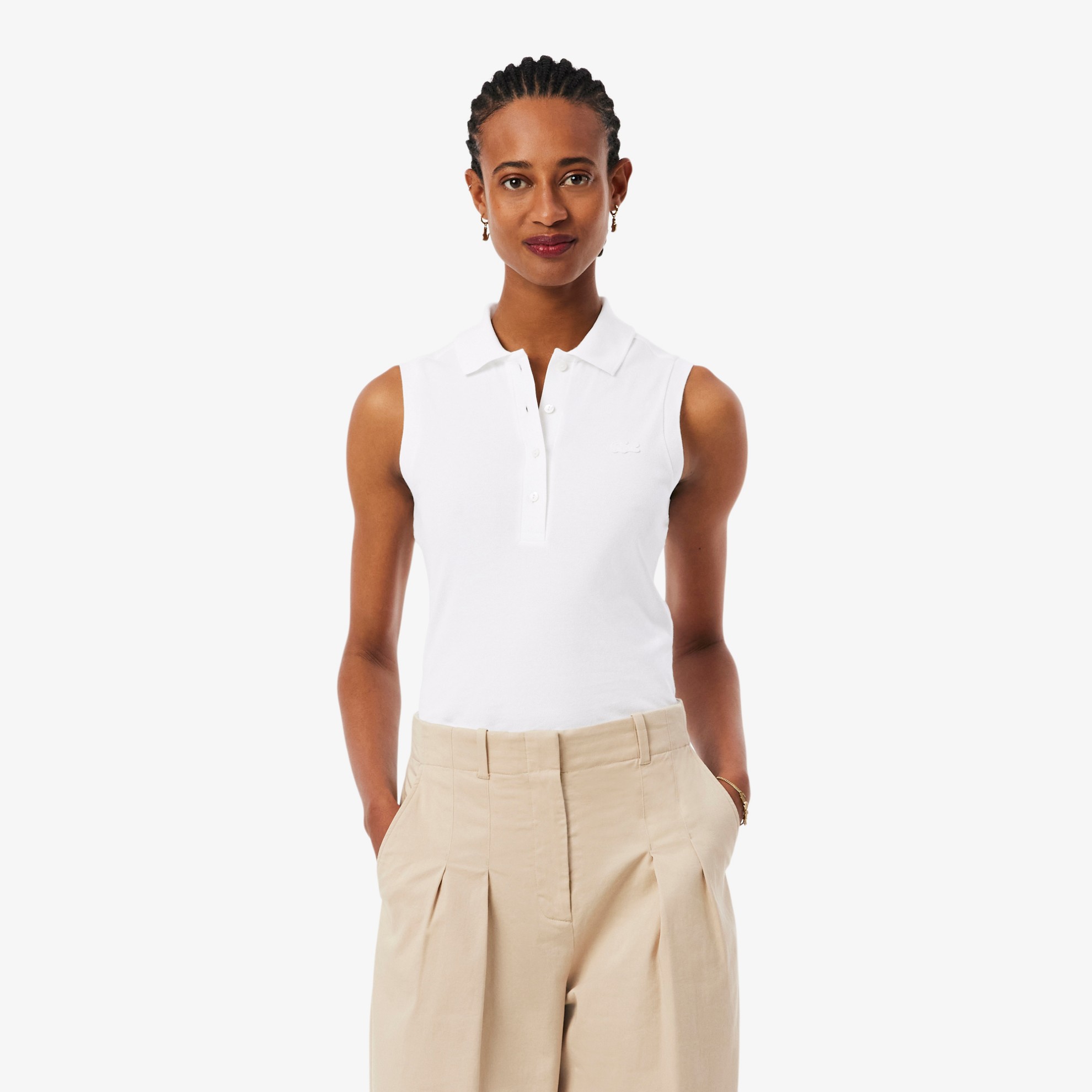 Εικόνα της Γυναικεία Αμάνικη Cotton Piqué Polo Μπλούζα Slim Fit