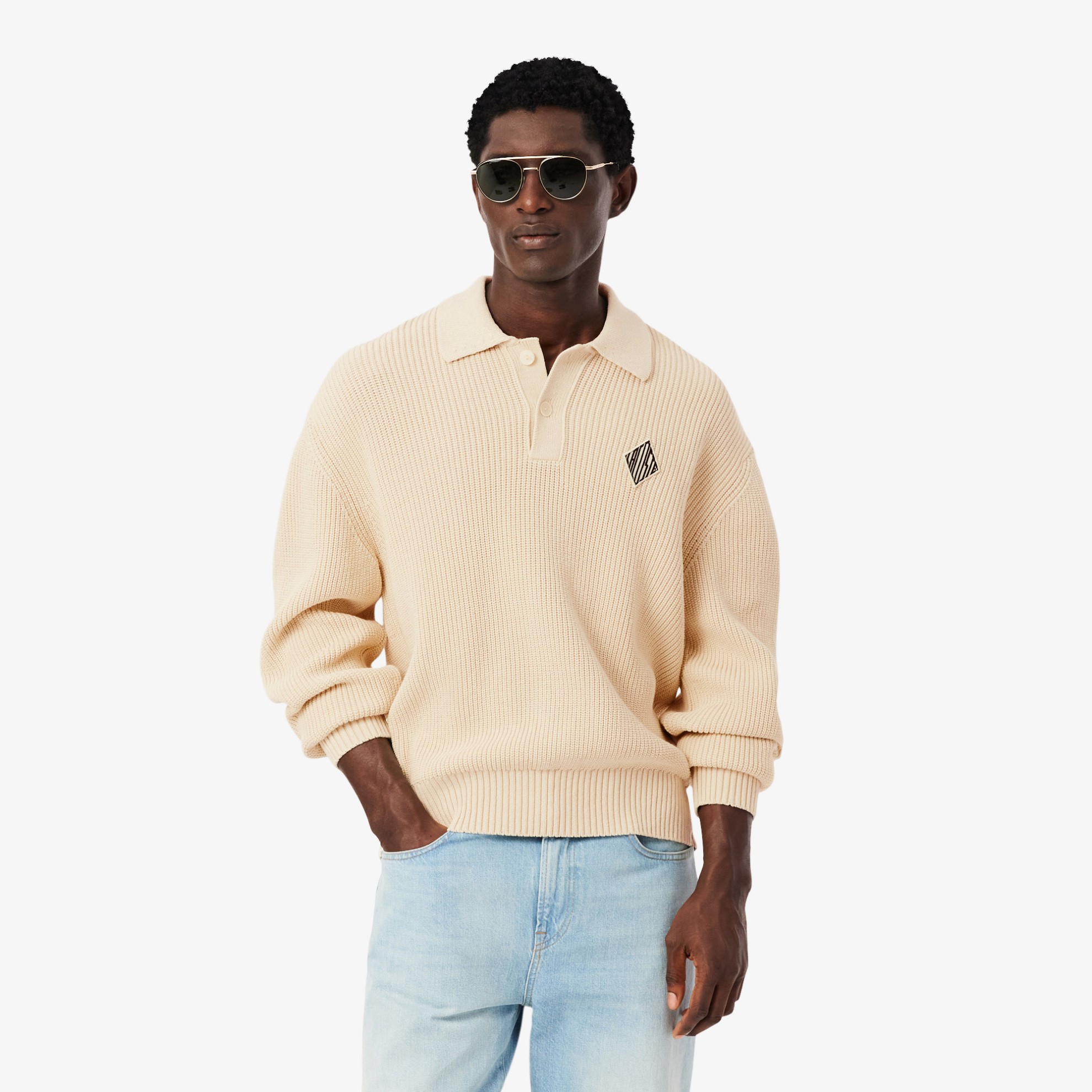 Εικόνα της Ανδρικό Badge Accent Pearl Rib Polo Collar Πουλόβερ