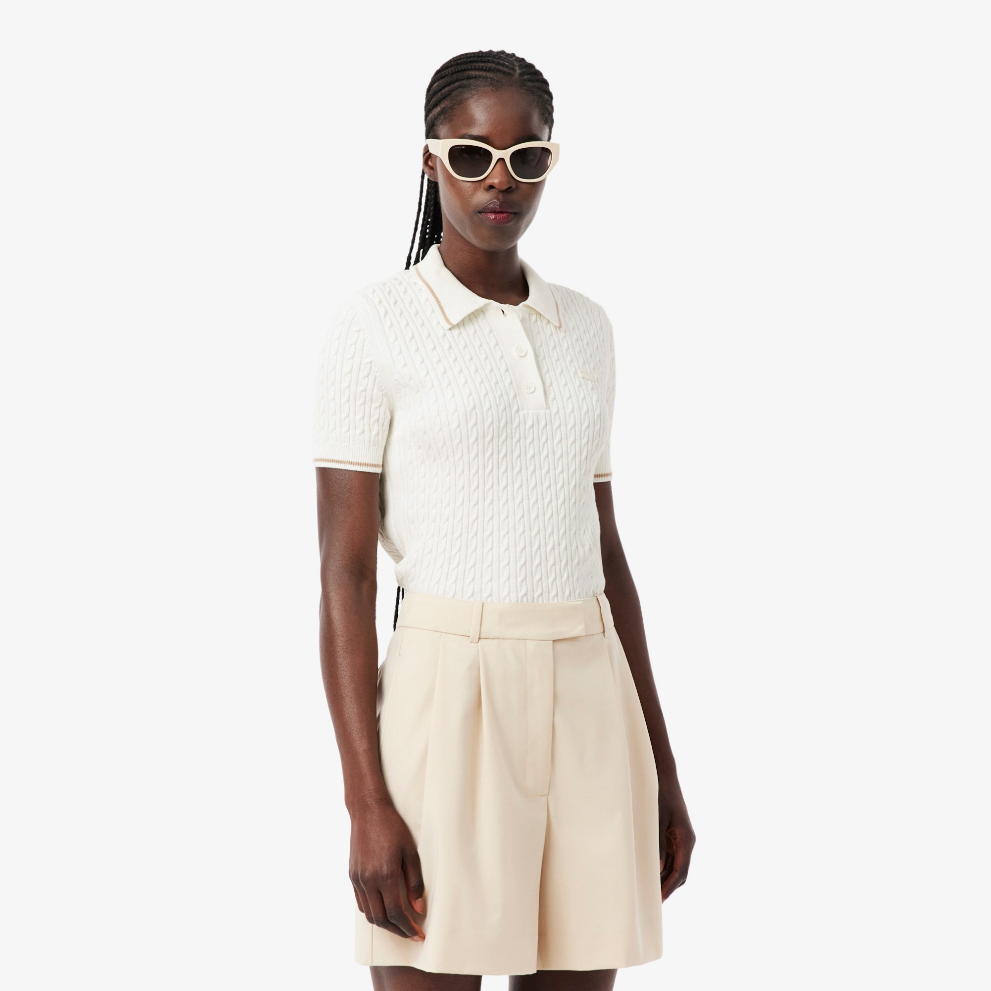 Εικόνα της Striped Cable Knit Polo Collar Πουλόβερ