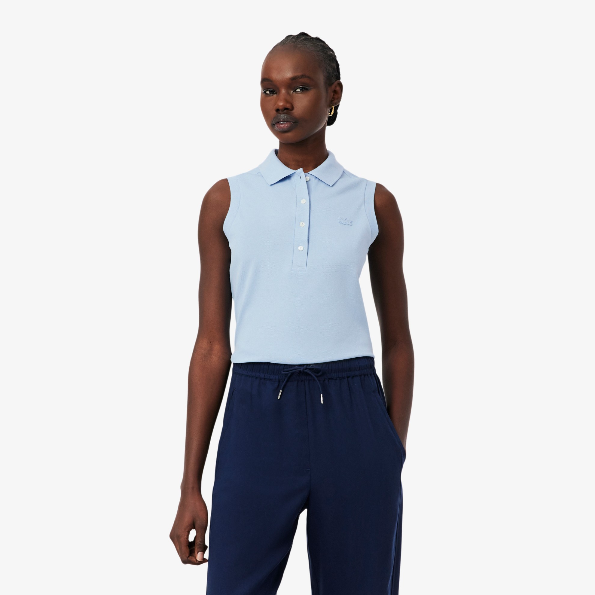 Εικόνα της Γυναικεία Αμάνικη Cotton Piqué Polo Μπλούζα Slim Fit