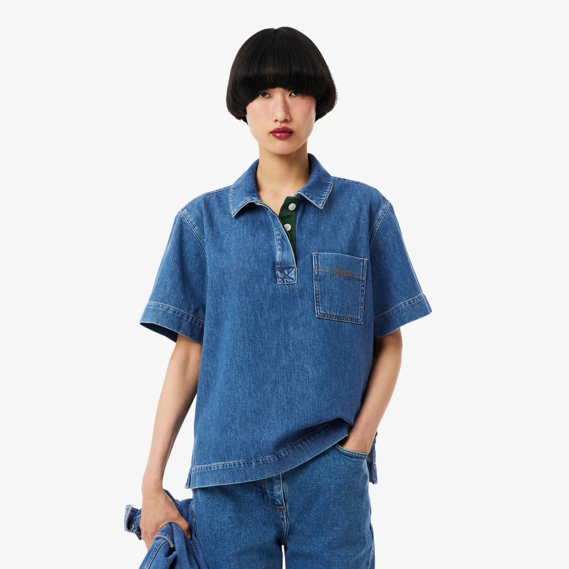 Εικόνα της Γυναικεία Oversized Lightweight Denim Polo Μπλούζα