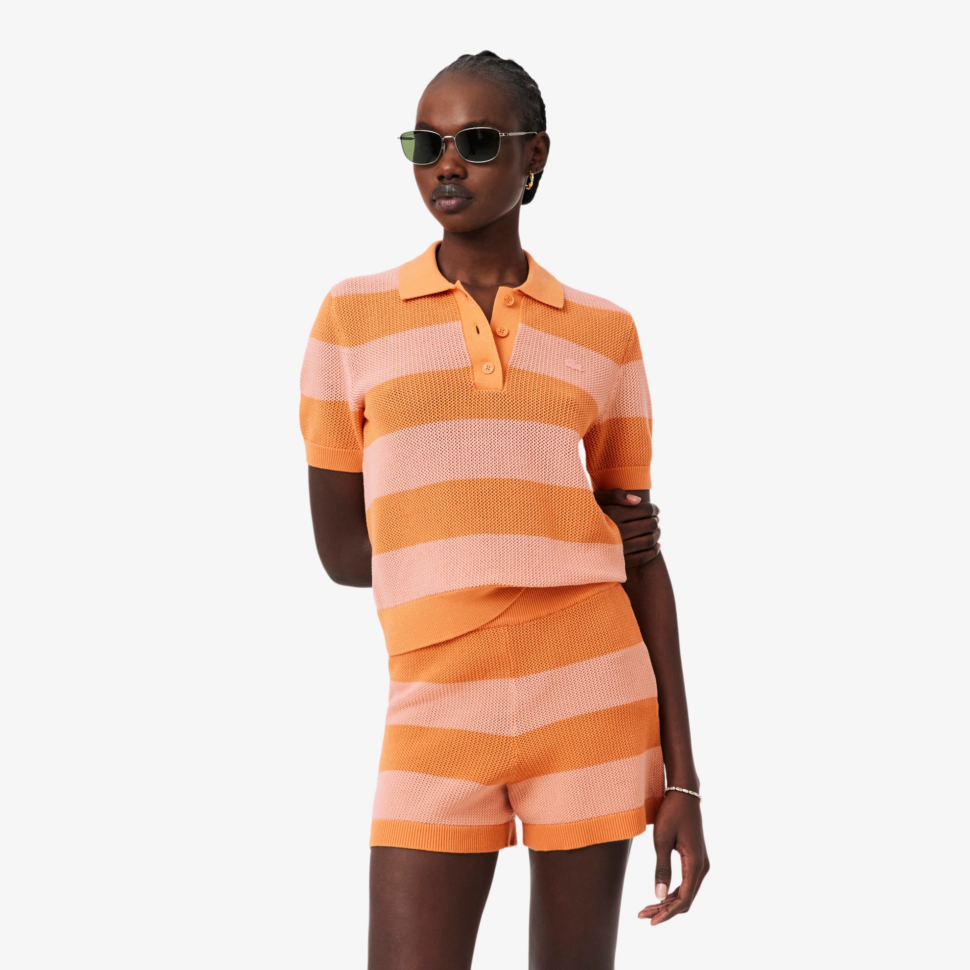 Εικόνα της Γυναικείο Striped Mesh Knit Polo Collar Πουλόβερ 