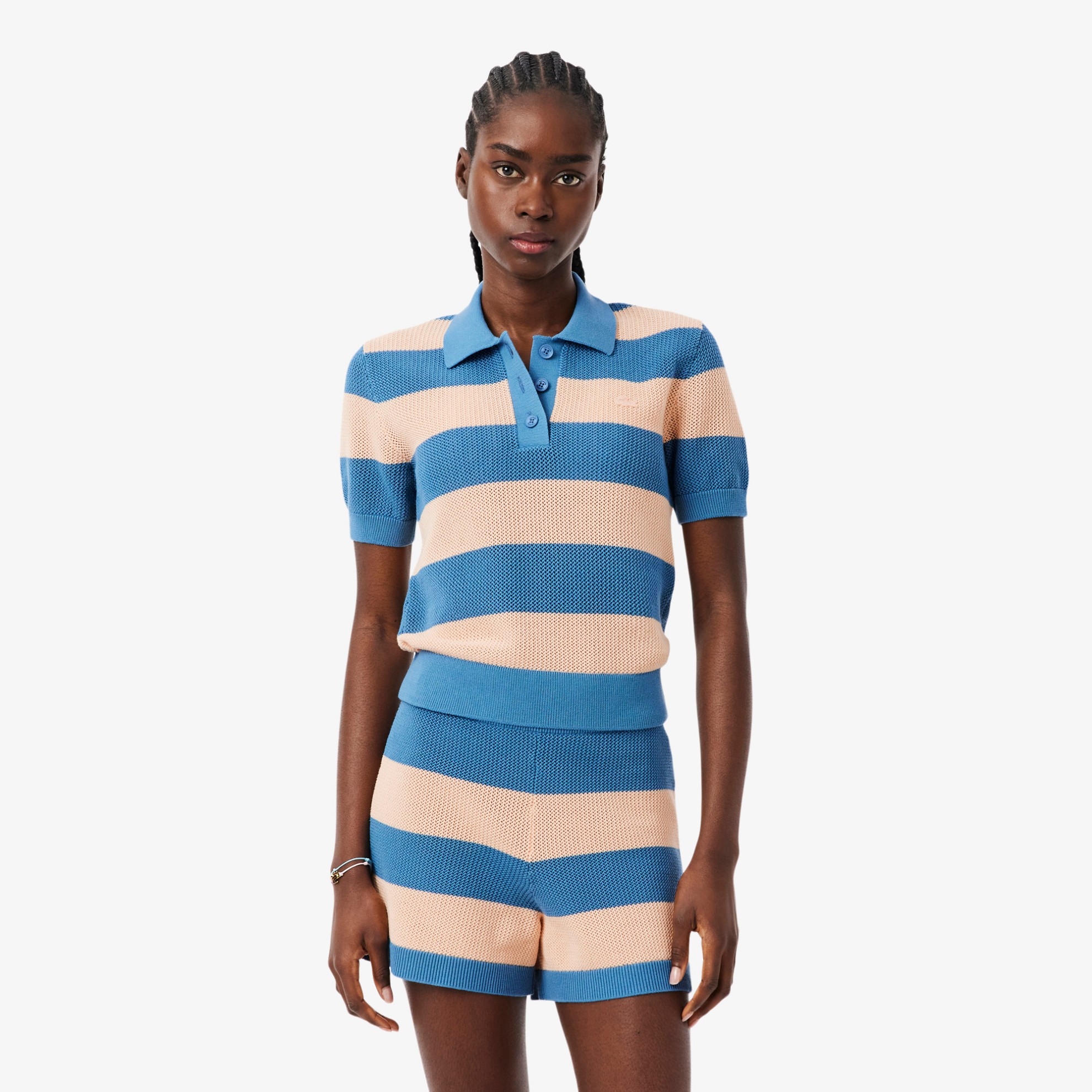 Εικόνα της Γυναικείο Striped Mesh Knit Polo Collar Πουλόβερ 