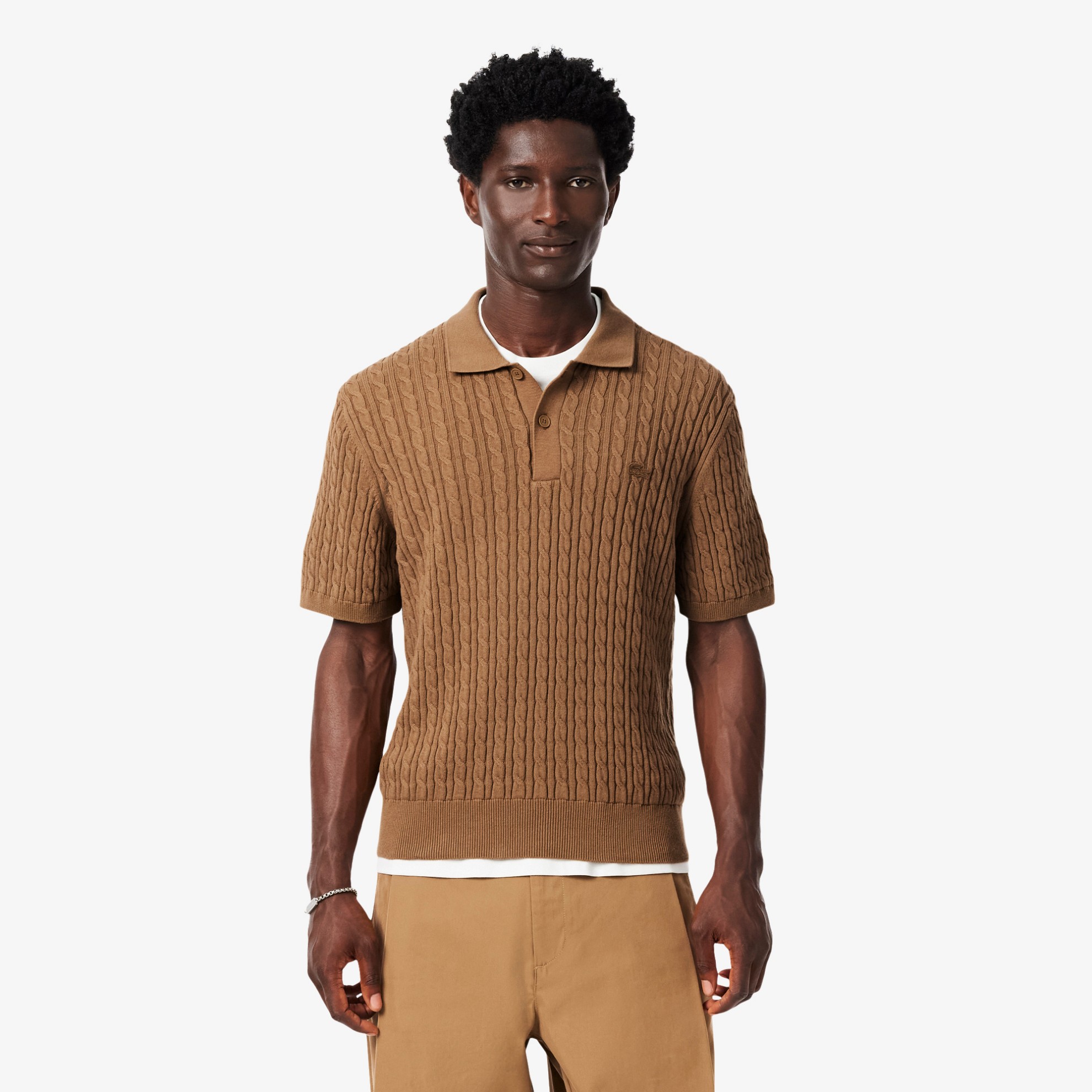 Εικόνα της Ανδρική Classic Fit Cable Knit Βαμβακερή Polo Μπλούζα 