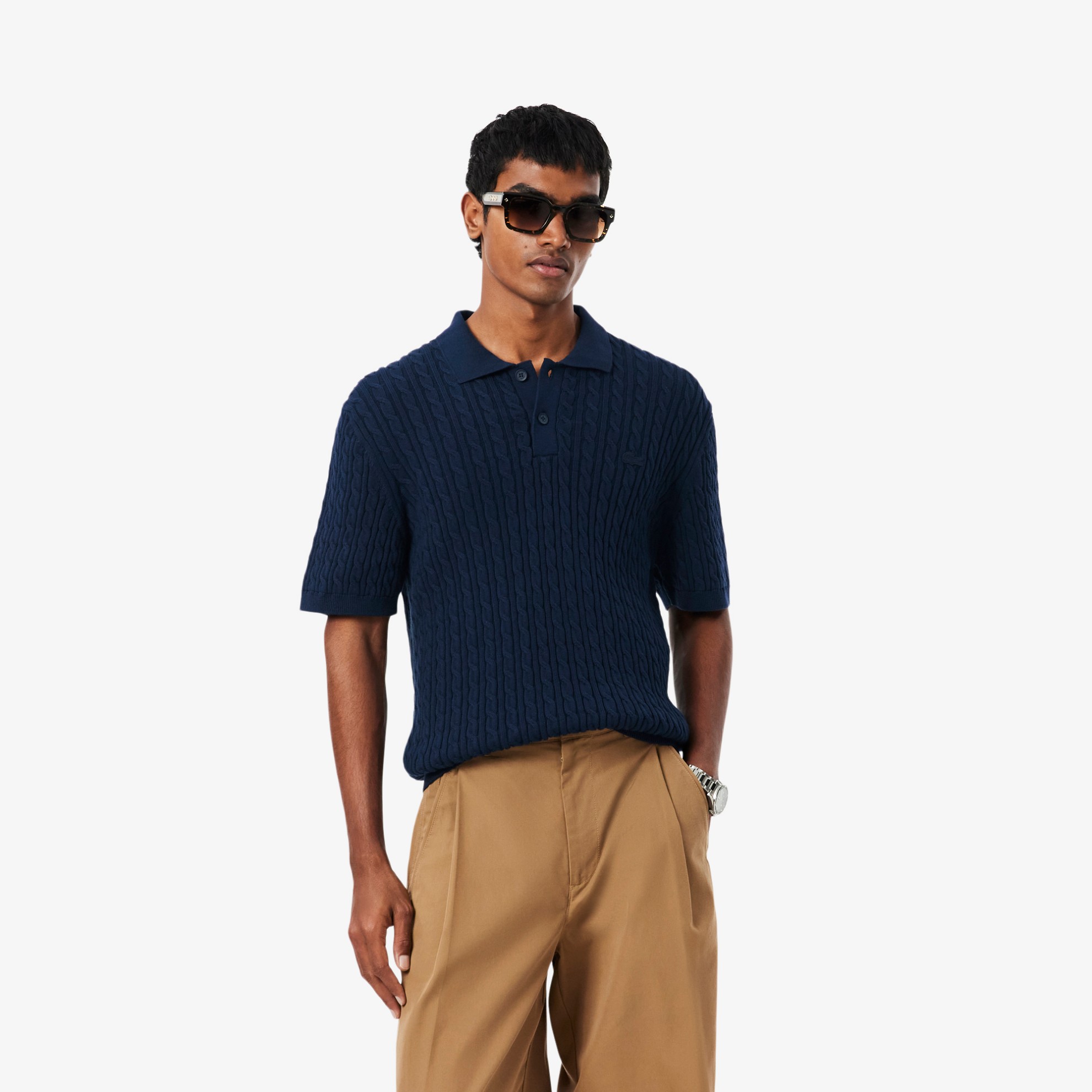 Εικόνα της Ανδρική Classic Fit Cable Knit Βαμβακερή Polo Μπλούζα 